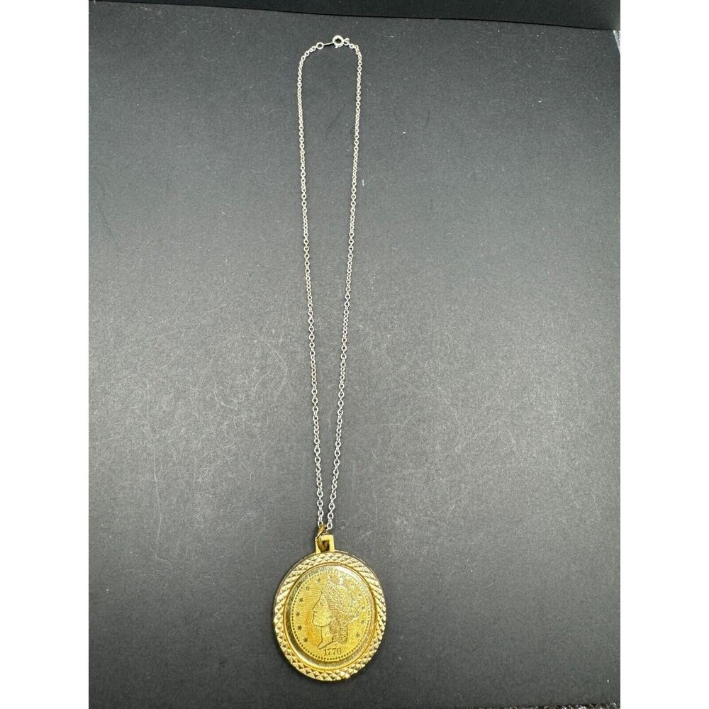 Gold Tone Bicentennial 1776 Twenty D Coin Medallion Pendant Sterling 925 Chain